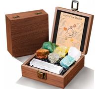 Wealth & Abundance Crystal Set - 7 Pcs Natural Crystal Stones with Selenite Stick in Wooden Box | Pyrite, Citrine, Tiger's Eye, Green Aventurine, Amazonite, Clear Quartz for Good Luck, Money, Success