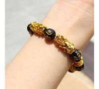 Wealth Bracelet with Pi Xiu Charm, Feng Shui Lucky Amulet Featuring Sanskrit Mantra Beads and Black Obsidian, Adjustable Elastic Band for Spiritual