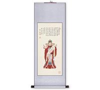 Wealth Deity Auspicious Art Scroll Painting, Chinese Vertical Handmade Hanging, Entryway Feng Shui Decor, Housewarming Gift(Silver-grey,148 * 59cm)