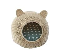 WEALTHKING Handcrafted Rattan Cat Bed Cave with Cute Ear Design, Premium Woven Pet House Basket with Soft Polka Dot Cushion, Indoor Cozy Cat Hideaway Nest for Small Pets (S)