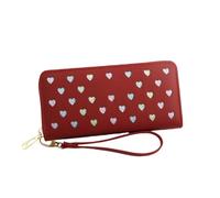 WEALTHKING Heart Pattern Long Zipper Wallet for Women, Soft Nylon Wallet with Wrist Strap, Multi-Color Love Design (Love Red)