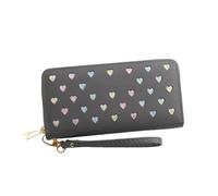WEALTHKING Heart Pattern Long Zipper Wallet for Women, Soft Nylon Wallet with Wrist Strap, Multi-Color Love Design (Love Gray)