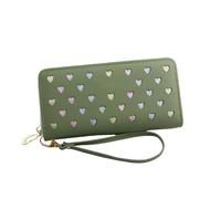 WEALTHKING Heart Pattern Long Zipper Wallet for Women, Soft Nylon Wallet with Wrist Strap, Multi-Color Love Design (Love Green)