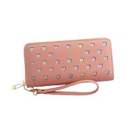 WEALTHKING Heart Pattern Long Zipper Wallet for Women, Soft Nylon Wallet with Wrist Strap, Multi-Color Love Design (Love Pink)