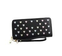 WEALTHKING Heart Pattern Long Zipper Wallet for Women, Soft Nylon Wallet with Wrist Strap, Multi-Color Love Design (Love Black)