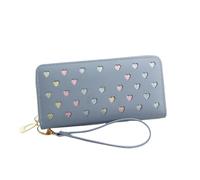 WEALTHKING Heart Pattern Long Zipper Wallet for Women, Soft Nylon Wallet with Wrist Strap, Multi-Color Love Design (Love Blue)