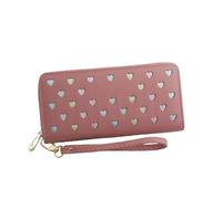 WEALTHKING Heart Pattern Long Zipper Wallet for Women, Soft Nylon Wallet with Wrist Strap, Multi-Color Love Design (Love Rose)