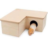 WEALTHKING Natural Wood Hamster Corner House Multi-Chamber Hideout Exercise Playground L-Shaped Maze Den Pet Habitat Small Animal Home with Multiple Entrances Dwarf Hamster Gerbil Mouse Living (L)