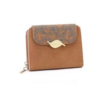 WEALTHKING Women’s Embossed Leaf Pattern Short Wallet, Soft PU Leather Compact Zippered Wallet with Leaf Clasp (Brown)