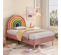 WEALTHOUSE Modern Rainbow Upholstered Bed with Wooden Slat Support, Adjustable Headboard, Velvet Finish, Comfortable Backrest, Stable Bed Frame for Adults, Easy Assembly, Classic Design (Pink,Single)