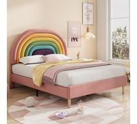 WEALTHOUSE Modern Rainbow Upholstered Bed with Wooden Slat Support, Adjustable Headboard, Velvet Finish, Comfortable Backrest, Stable Bed Frame for Adults, Easy Assembly, Classic Design (Pink,Double)