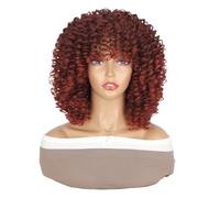 Wear and Go Glueless 16inch Short Kinky Afro Curly Wigs with Bangs,Women Soft Bouncy Fluffy Synthetic Wig 70s for Daily use(Red)