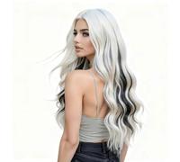 Wear and Go Glueless 26 Inch Super Long White Mixd Black Synthetic Wig,Medium Part Wave Wigs for Women,Daily Cosplay Halloween Fake Hair