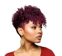 Wear and Go Glueless 6inch Short Human Hair Wigs for Black Women,Pixie Remy Hairs Glueless Short Curly Wig with Bangs(Wine red)