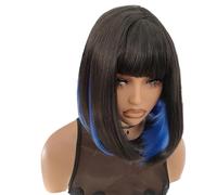 Wear and Go Glueless Black Mixed Blue Bob Wig With Bangs,Short Straight Women Synthetic Wigs for Daily Cosplay