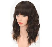 Wear and Go Glueless Natural Brown Short Wavy Bob Wig with Bangs,Women Shoulder Length Curly Synthetic Heat Resistant Fiber Hair for Daily Party Use