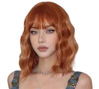 Wear and Go Glueless Short Ginger Orange Wig,Wavy Bob with Bangs, Curly for Women,Natural Looking Synthetic for Daily Party Use