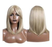 Wear and Go Glueless Short Straight Bob Wigs with Curtain Bangs, Shoulder Length Natural Synthetic Daily Party Cosplay Wig for Women(PN16A-613F)