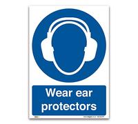 Wear Ear Protectors Sign, A4 297x210mm, PVC Rigid Plastic, PPE Mandatory Health and Safety Signs