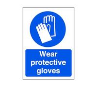 Wear protective gloves - safety sign - High tack self-adhesive sticker (150mm x 100mm) Viewing Distance within 3m.
