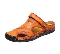 Wear-resistant beach sandals, summer leather clogs, closed toe separator, mules, outdoor slippers, orthopaedic sandals, leather beach shoes, slippers, men's shoes, sandals, casual sandals, yellow, 7