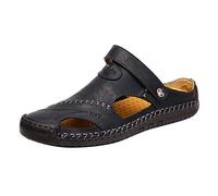 Wear-resistant beach sandals, summer leather clogs, closed toe separator, mules, outdoor slippers, orthopaedic sandals, leather beach shoes, slippers, men's shoes, sandals, casual sandals, black, 9 UK