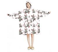 Wearable Blanket Hoodie,Anima Rats Mice Pattern Grey Cartoon,Oversized Hooded Blanket Sweatshirt
