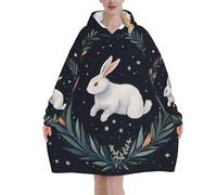 Wearable Blanket Hoodie Cute White Rabbit Print Oversized Blankets Sweatshirt With Pocket, Super Warm Flannel Hooded Blanket Pullover For Adults Women Men