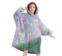 Wearable Blanket with Hood for Adults Women Men Hooded Blanket for Kids Boys Girls Christmas Gifts Cuddly Flannel Warm Plus Size, Purple mushroom, Kids 6-13YR