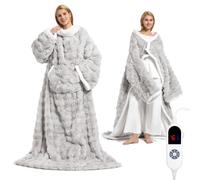 Wearable Heated Blanket, Luxury Faux Fur & Sherpa Electric Throw Blanket with Sleeves, Foot Pockets, Heated Robe for Women Men Gift, 3 Heat Levels & 12H Timer, ETL & FCC Certified, 52"x 72" Light Grey