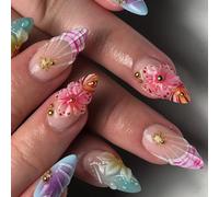 Wearable Manicure Nails 24 Piece Floral Beach Theme Almond False Tips with 3D Flower and Sea Star Accents, French Detail Vacation Look Set Wearable Manicure Nails