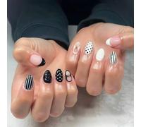Wearable Manicure Tips French Tip Black White Stripe Dot Design | Adhesive Backed Curved Set for Daily Wear Parties Travel