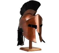 Wearable Medieval Spartan Corinthian Helmet with Black Plume & Wooden Stand - Free-Size Adult Halloween Costume (Copper), Greek Roman Armor Replica, Rustic Vintage Home Decor Gift