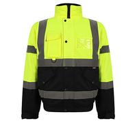 WearAll Hi Vis High Visibility Safety Security Reflective Protective Waterproof, Windproof Padded Workwear Bomber Jacket Coat With Concealed Hood Yellow Navy 3XL