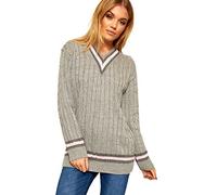 WearAll Ladies Knitted V Neck Cable Cricket Jumper Long Sleeve Womens Striped Top Light Grey 8/10