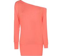 WearAll Ladies Off Shoulder Batwing Long Sleeved Plain T-Shirt Womens Tunic Top - Coral - 8-10