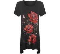 WearAll Ladies Plus Size Glitter Rose Print Hanky Hem Womens Short Sleeve Long Top Black 28/30