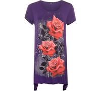 WearAll Ladies Plus Size Glitter Rose Print Hanky Hem Womens Short Sleeve Long Top Purple 26/28