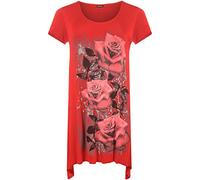 WearAll Ladies Plus Size Glitter Rose Print Hanky Hem Womens Short Sleeve Long Top Red 22/24