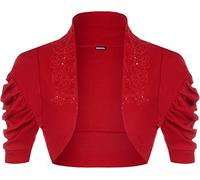 WearAll Ladies Ruched Shrug Womens Beaded Design Short Sleeve Bolero Cardigan Top Red 8/10