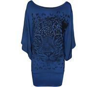 WearAll Ladies Tiger Print Glitter Batwing Womens Top - Blue - 14