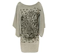 WearAll Ladies Tiger Print Glitter Batwing Womens Top - Light Grey - 14