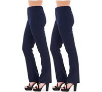 WearAll Pack of 2 Bootleg Trousers Women Boot Cut High Rise Stretch Soft Finely Ribbed Pull On Nurse Carer Work Bottoms Navy Long 24