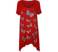 WearAll Plus Size Womens Butterfly Print Short Sleeve Ladies Hanky Hem T-Shirt Top - Red - 16
