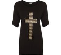 WearAll Plus Size Womens Flared Cross Stud Short Sleeve Scoop Ladies Tunic Top - Black - 20