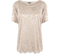 WearAll Plus Size Womens Lace Lined Scallop Edge Ladies Short Sleeve T-Shirt Top - Stone - 22-24