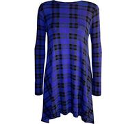 WearAll Plus Size Womens Plain Long Sleeve Stretch Ladies Swing Dress Top - Blue Tartan 20-22