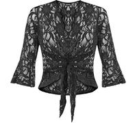 WearAll Plus Size Womens Sequin Lace Tie Up 3/4 Bell Sleeve Ladies Crochet Party Top - Black 20/22