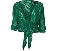 WearAll Plus Size Womens Sequin Lace Tie Up 3/4 Bell Sleeve Ladies Crochet Party Top - Green 12/14