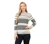 WearAll Women Knitted Jumper Long Sleeve Striped Pattern Crew Neck Ladies Sweater Pull Over Jacquard Top Silver Grey M/L